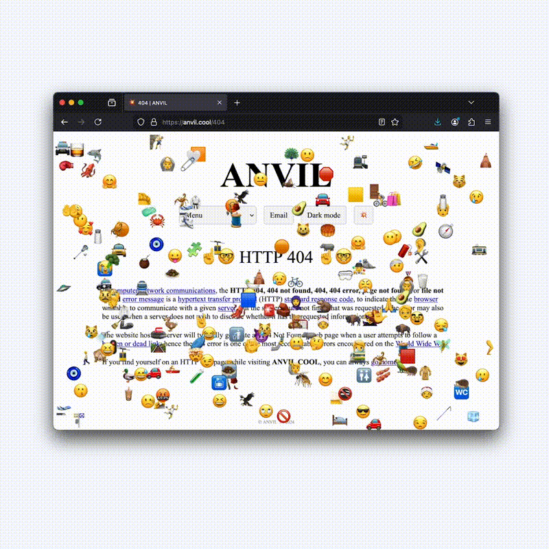 A screen recording of the ANVIL.COOL /404 page