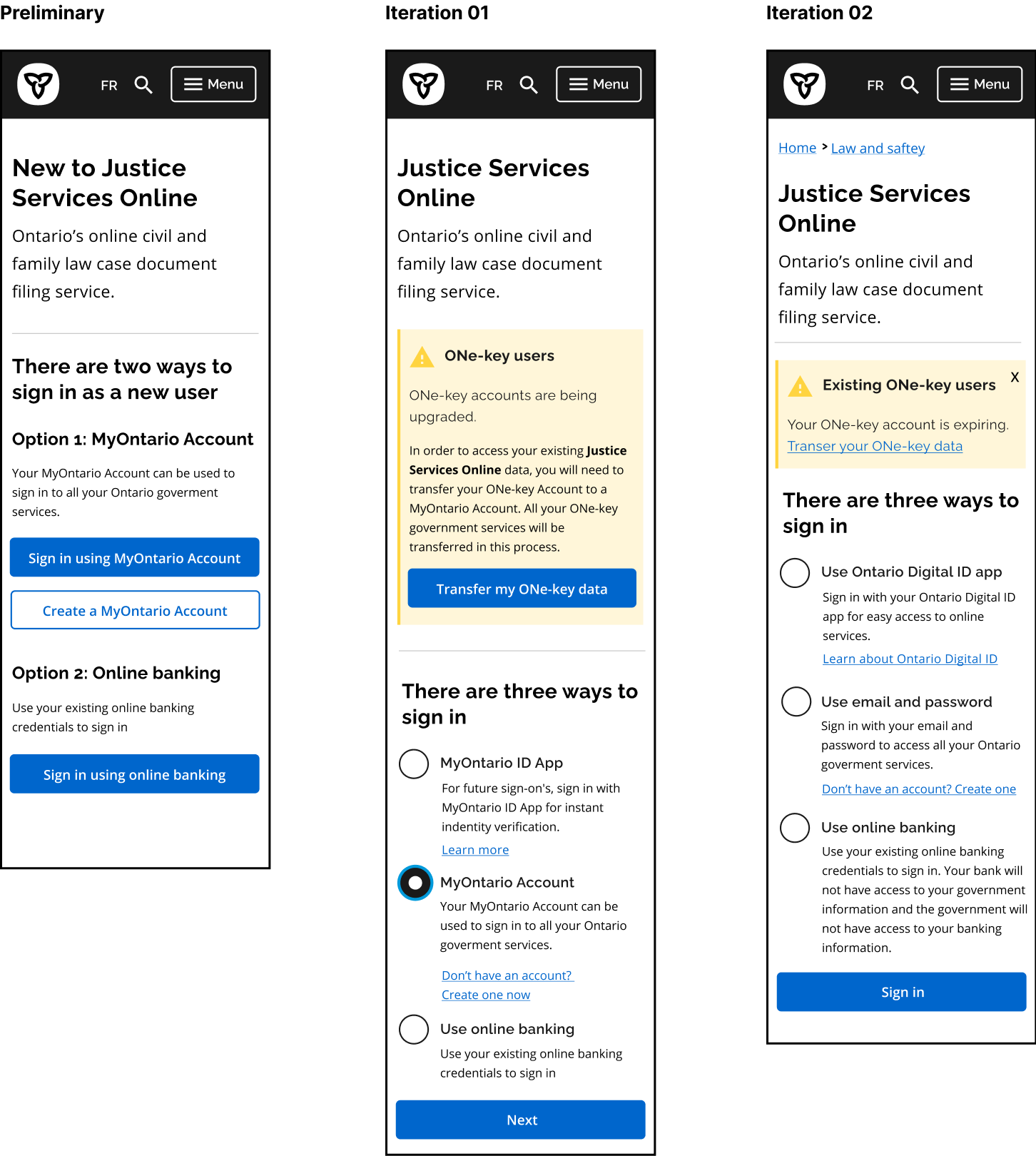 An image of the first and updated drafts of the landing page buttons